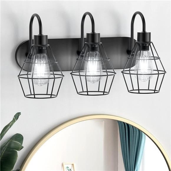 Retro Style Industrial Bathroom Vanity Lamp Matt Black 3 Lights - Picture 1 of 5